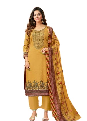 Pakistani Design Pure Jam Cotton Unstitched Salwar Suit Dress Material with Thread Embroidery and Swarovski Work (Mustered) Pakistani Design Pure Jam Cotton Unstitched Salwar Suit Dress Material with Thread Embroidery and Swarovski Work (Mustered)