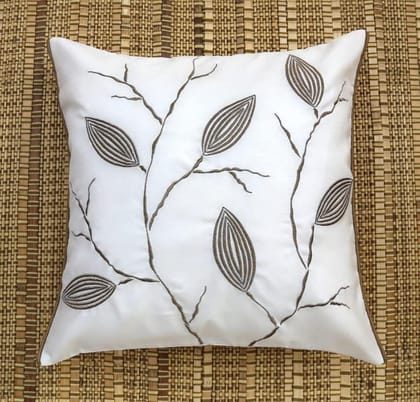 ANS White Dry Leaves Emb cushion cover with Gold Piping at Sides ANS White Dry Leaves Emb cushion cover with Gold Piping at Sides