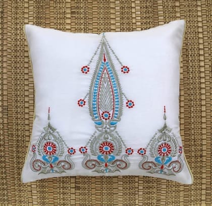 ANS Ornamental White and Gold Emb cushion cover with Colour Highlights ANS Ornamental White and Gold Emb cushion cover with Colour Highlights