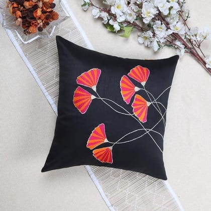 ANS Pink & Orange Floral Emb cushion cover with Gold Piping at Sides ANS Pink & Orange Floral Emb cushion cover with Gold Piping at Sides