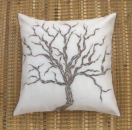 ANS White Dry Tree Golden Emb cushion cover with Gold Piping at Sides ANS White Dry Tree Golden Emb cushion cover with Gold Piping at Sides