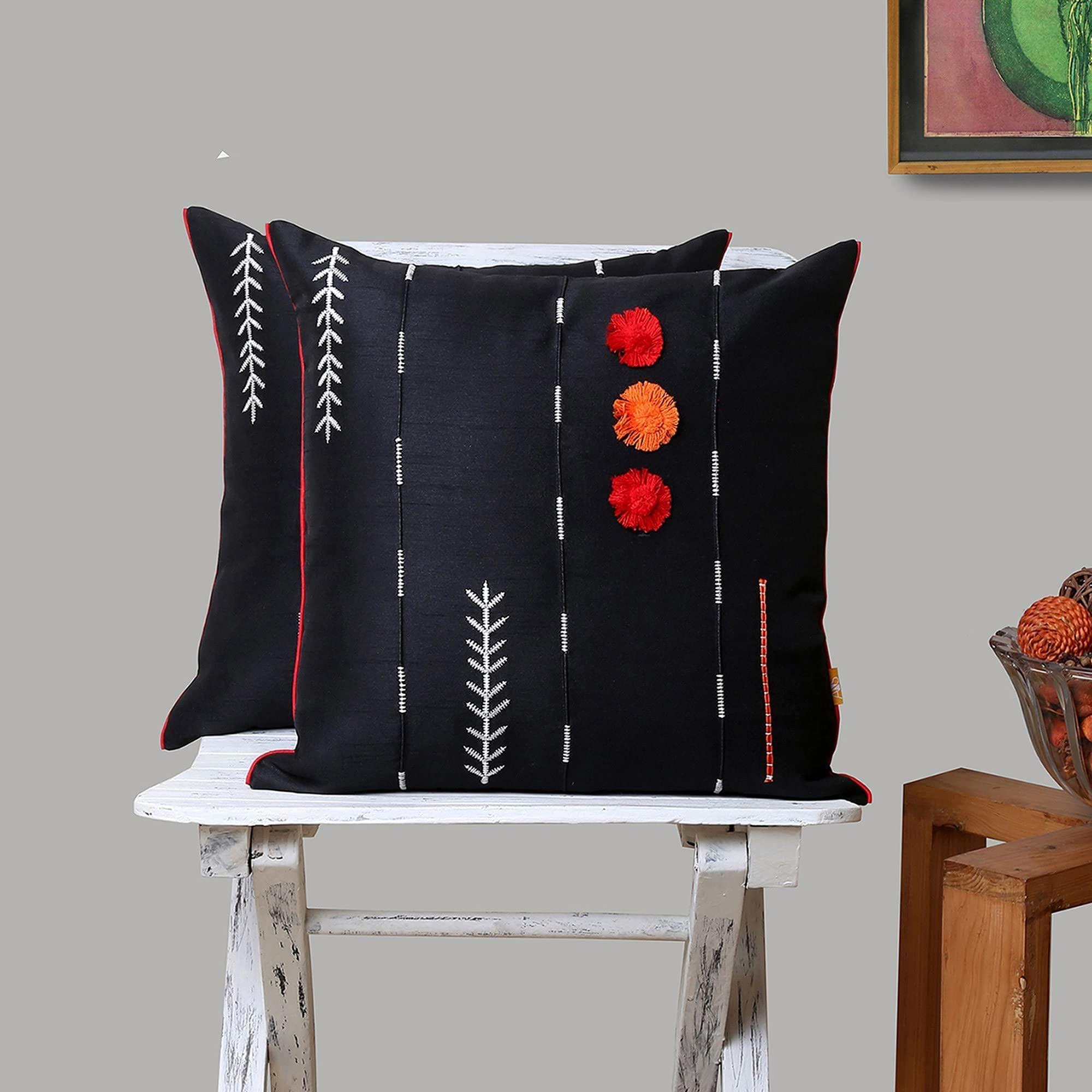Set of 2pcs Black Embroidered cushion cover 16"x16"