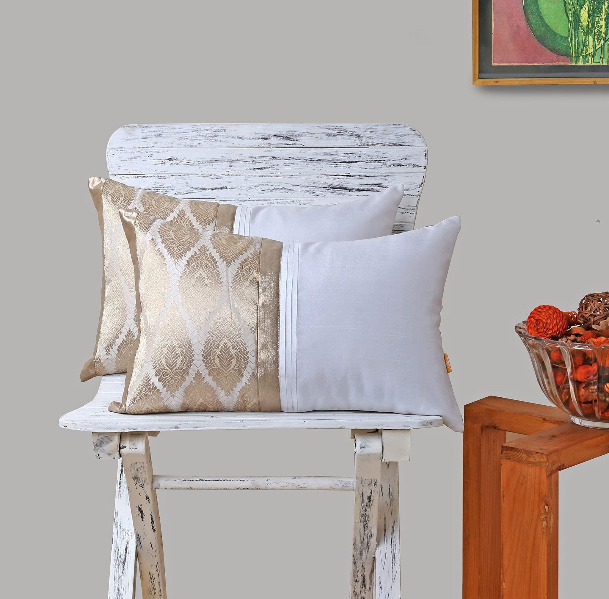 Set of 2 pcs White & Beige Brocade cushion cover 12"x18"