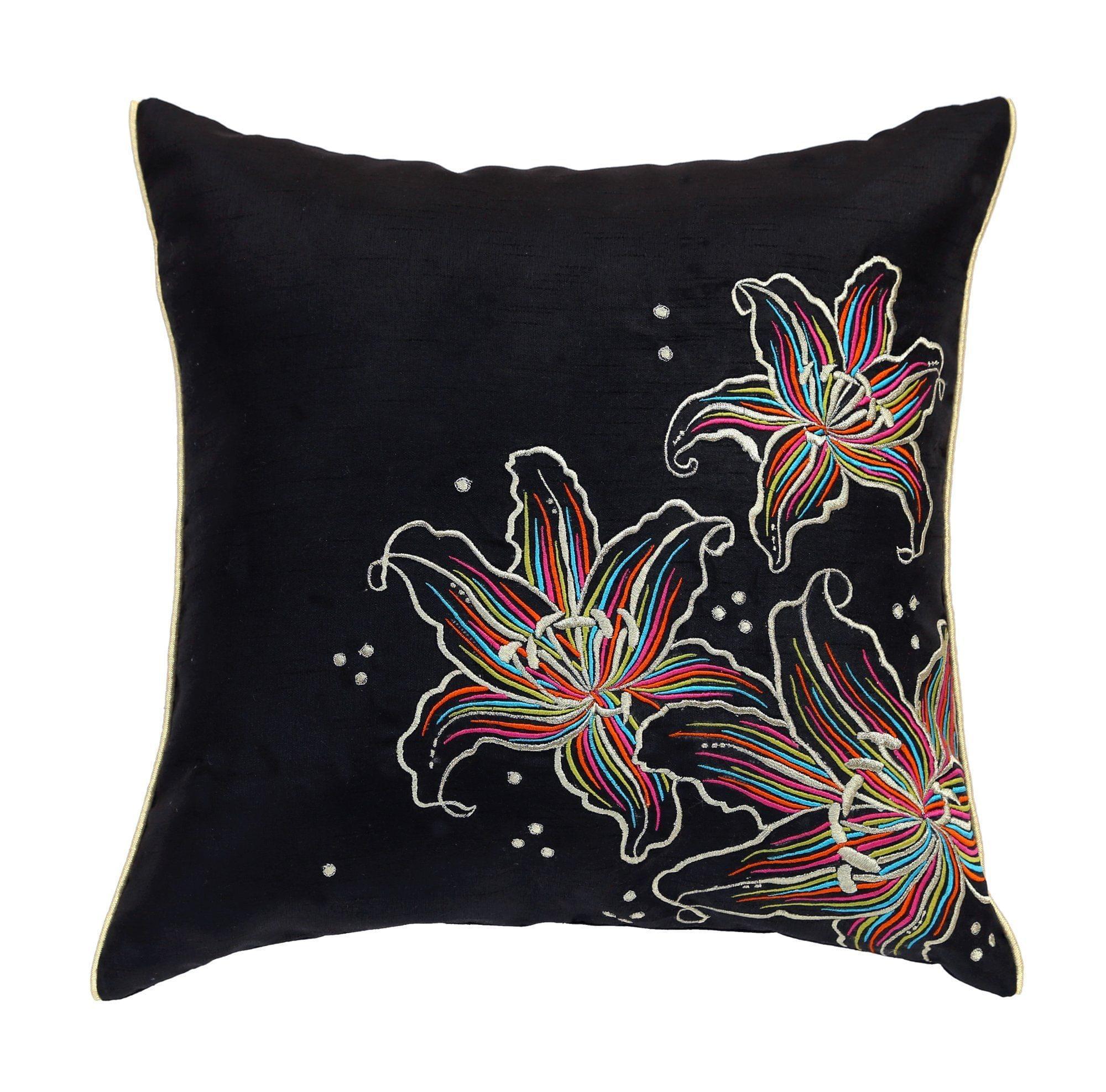 ANS Black Multicolour Floral Emb cushion cover with Golden Piping at Sides