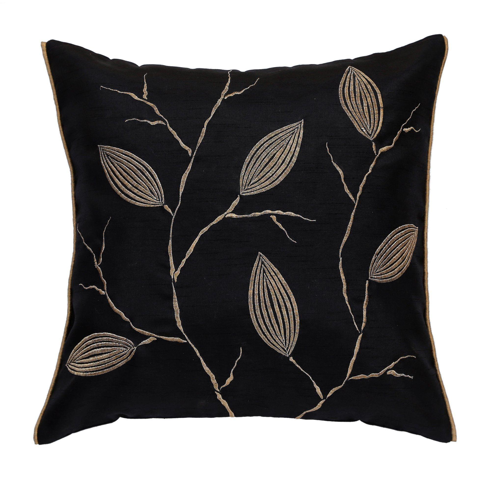 ANS Black Dry Leaves Emb cushion cover with Gold Piping at Sides