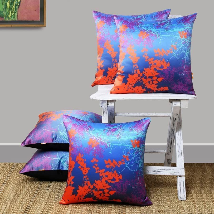 Set of 5 pcs Purple & Orange Foliage Printed cushion cover 16"x16"(PPC134_S5)