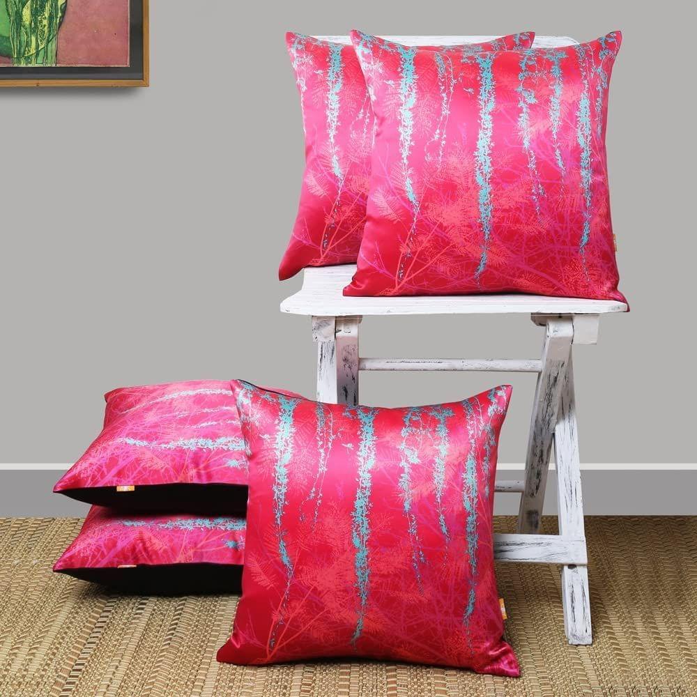 Set of 5 pcs Fuschia and Turquoise Foliage Printed cushion cover 16"x16"(PPC131_S5)