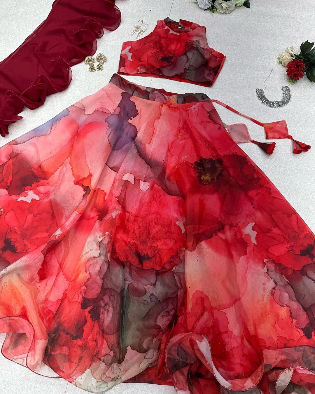 Pure Jimmy organza silk digital printed lehnga