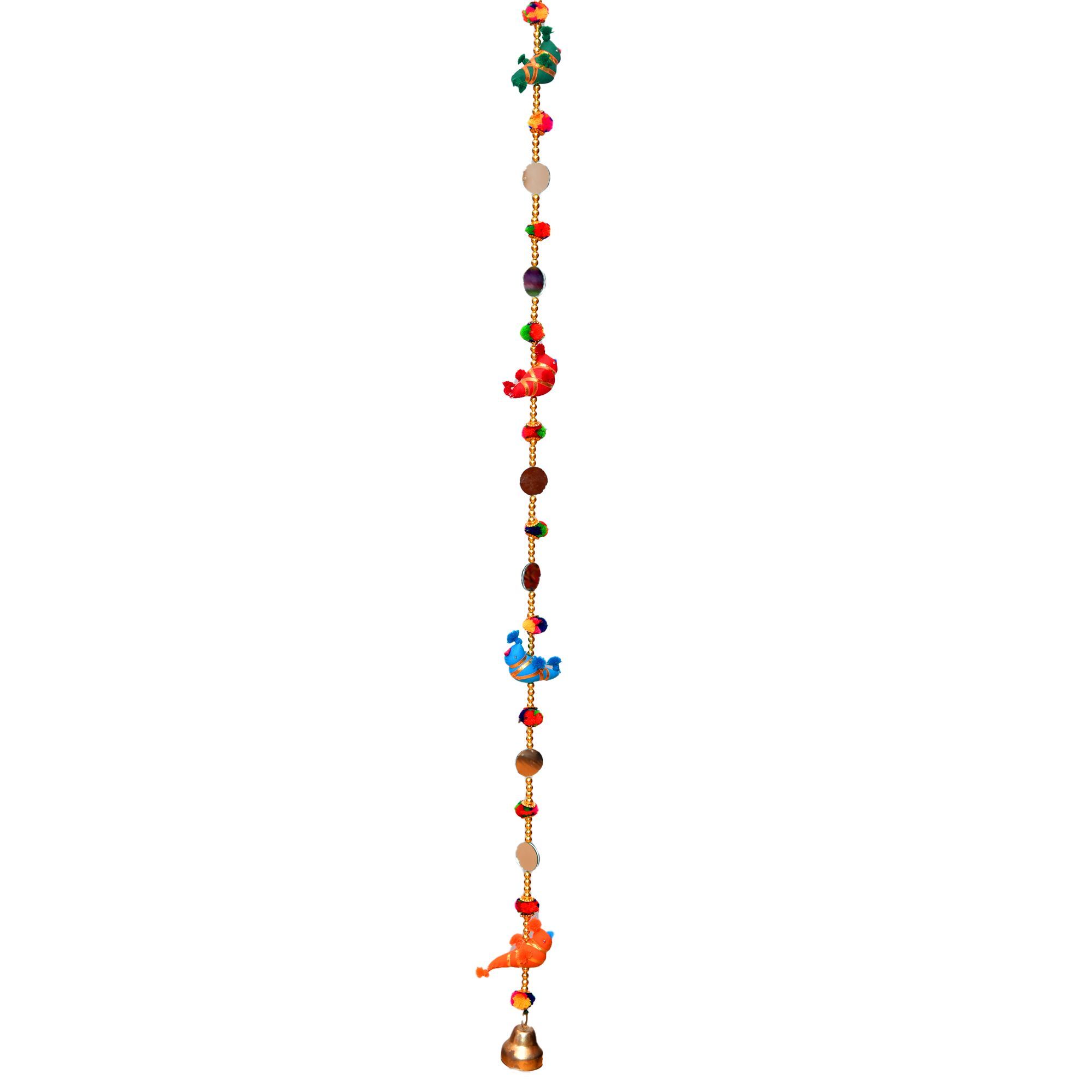 Tribes India Handcrafted Four Parrot Line Hanging with Phumka, Mirror and Bell (PVTG)