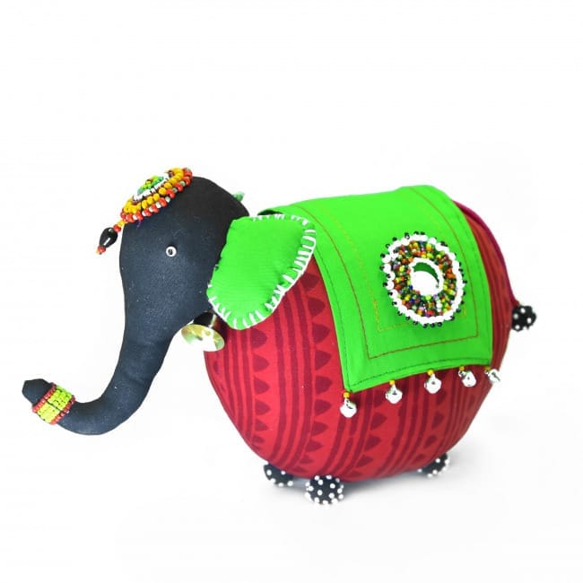 Tribes India Handcrafted Elephant Soft Toy With Bead Work Red (25x18 cm)