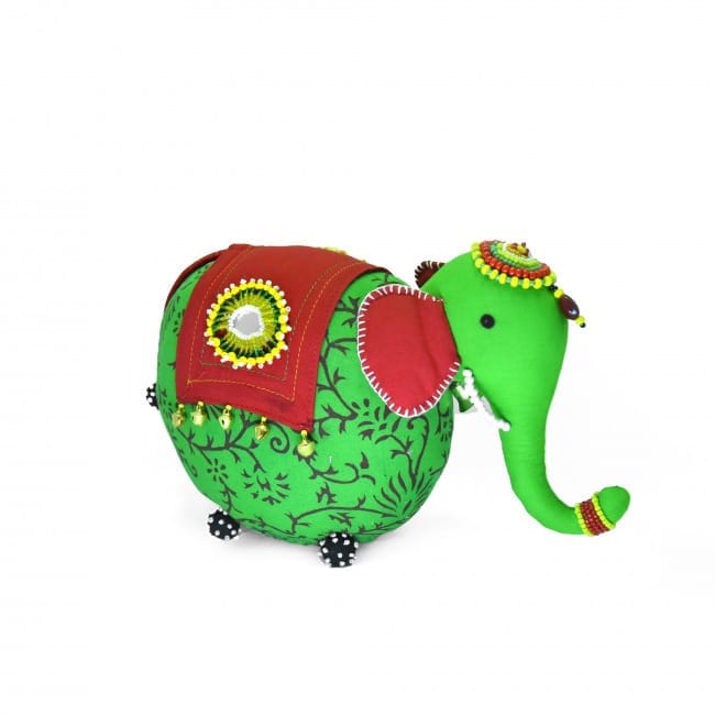 Tribes India Handcrafted Elephant Soft Toy With Bead Work Green (25x18 cm)