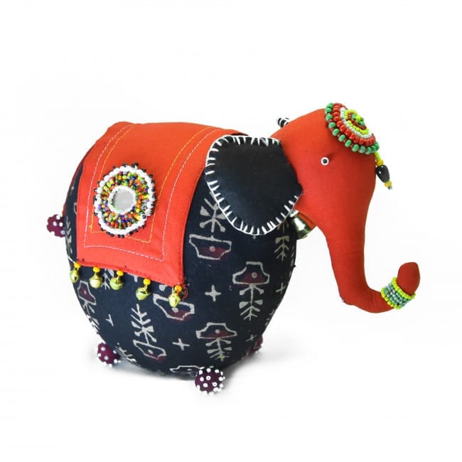 Tribes India Handcrafted Elephant Soft Toy With Bead Work Black (25x18 cm)