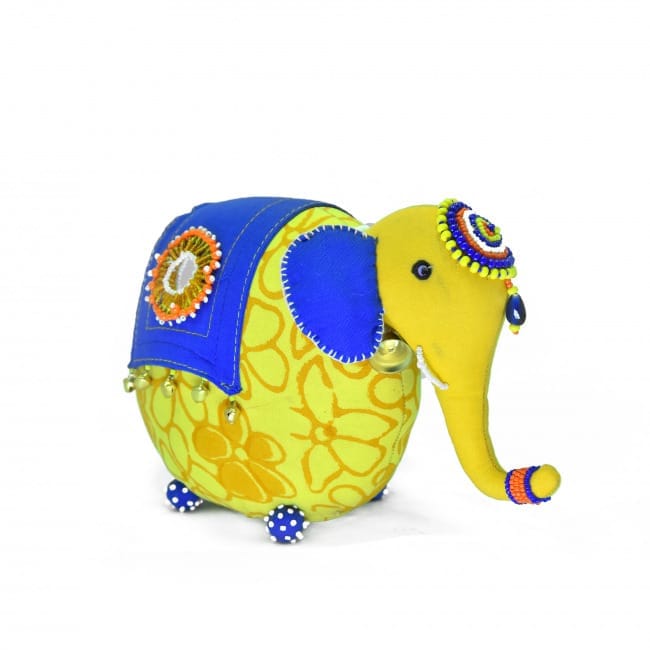 Tribes India Handcrafted Elephant Soft Toy With Bead Work Yellow (25x18 cm)