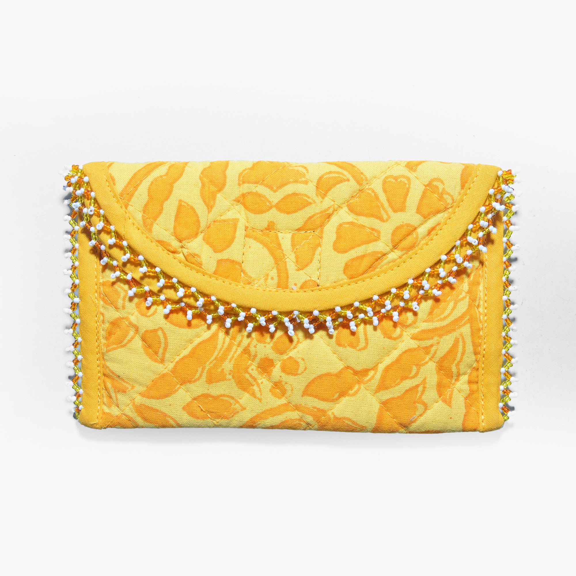 Tribes India Handmade Cotton, Sponge & Bid Work Yellow Purse for Women & Girls