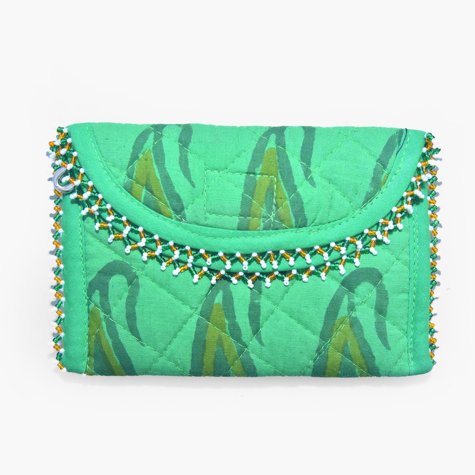 Tribes India Handmade Cotton, Sponge & Bid Work Green Purse for Women & Girls