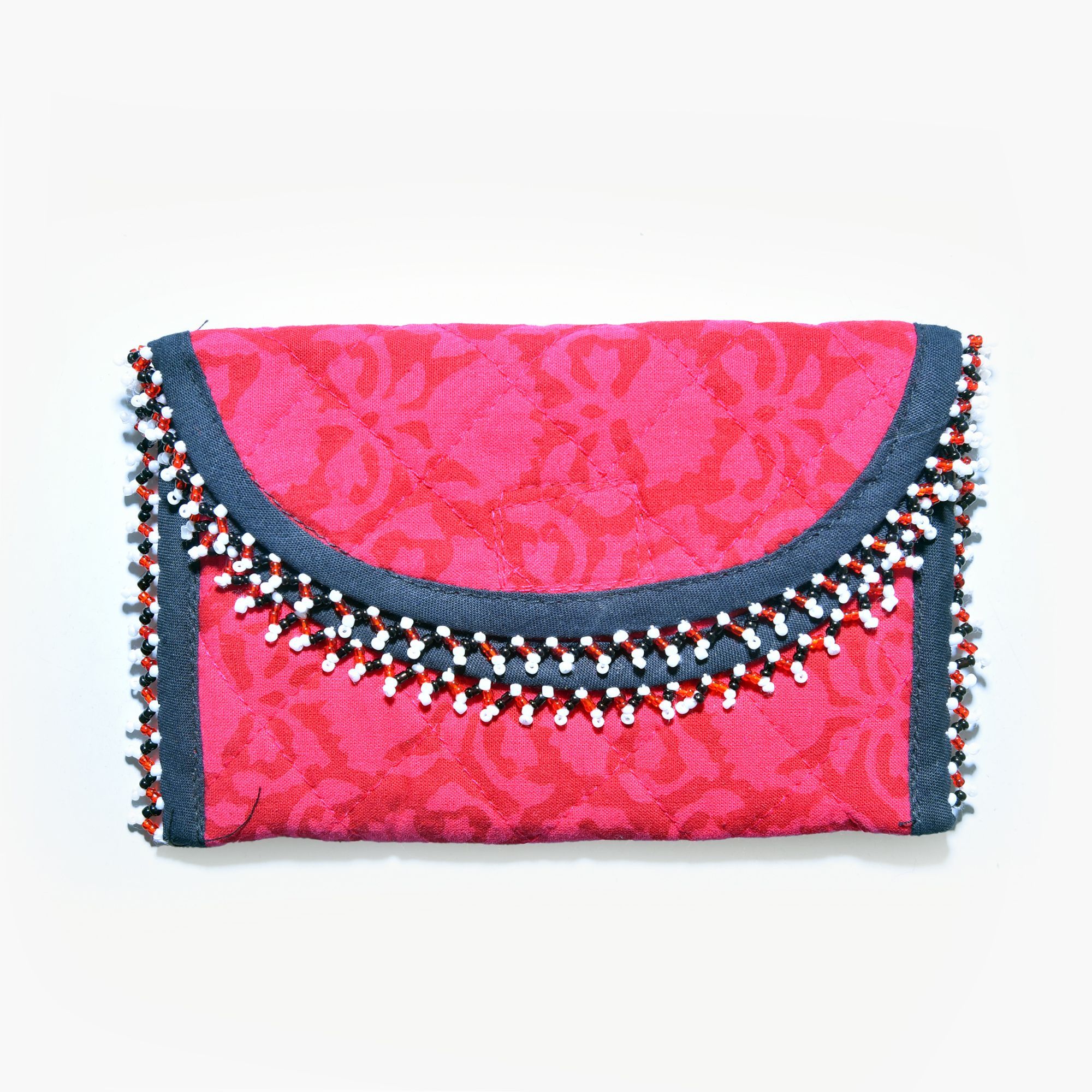 Tribes India Handmade Cotton, Sponge & Bid Work Red Purse for Women & Girls