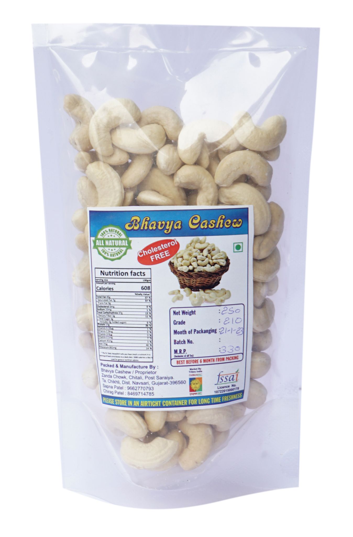 Tribes India Cashew Nut ( 250 gm) Grade (W-210)