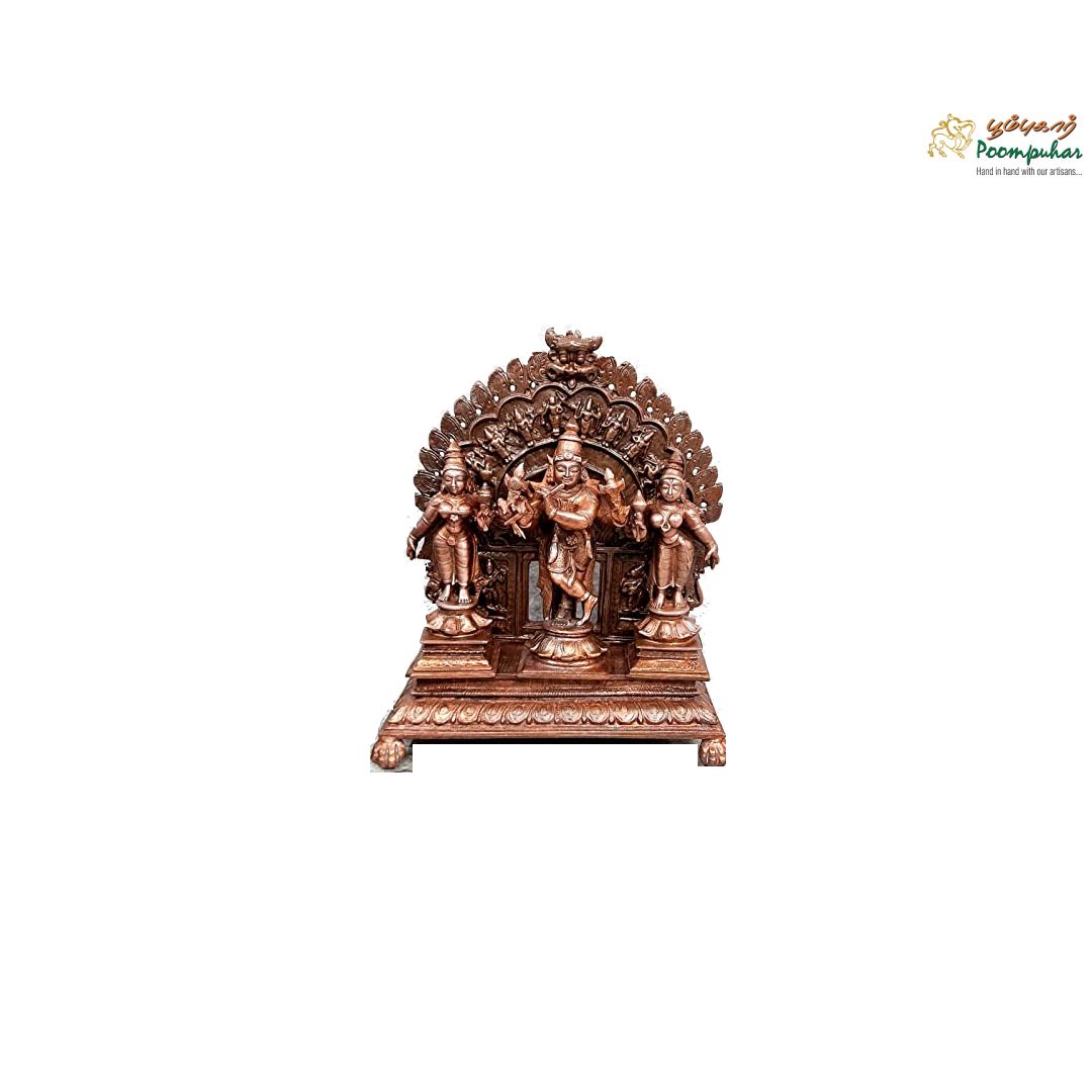Copper Venugopala with Sridevi and Bhudevi with Dasavadhara Prabhavali 7.2 inches