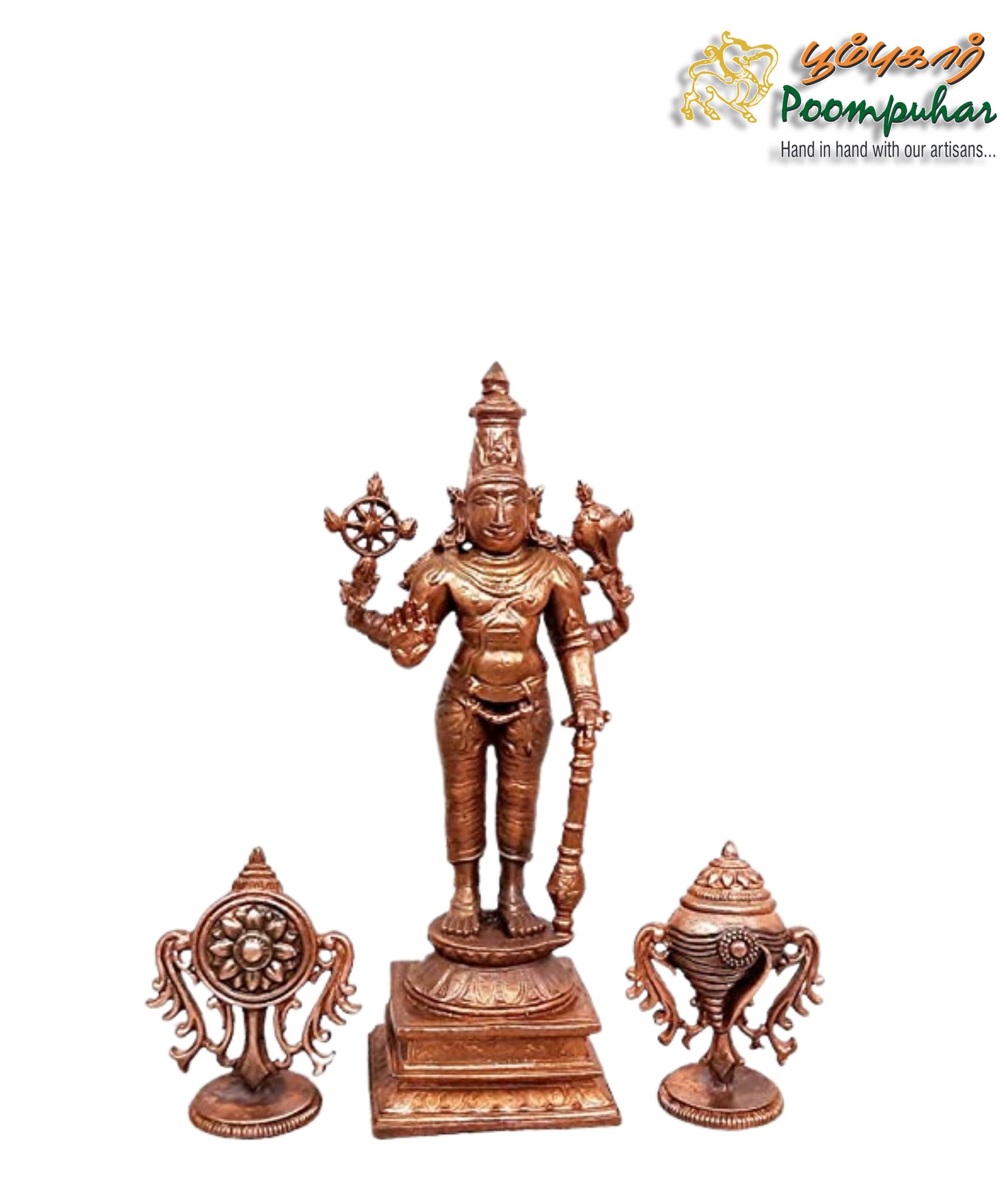 Copper Srinivasa Perumal with Sanghu Chakram 5.1 Inches