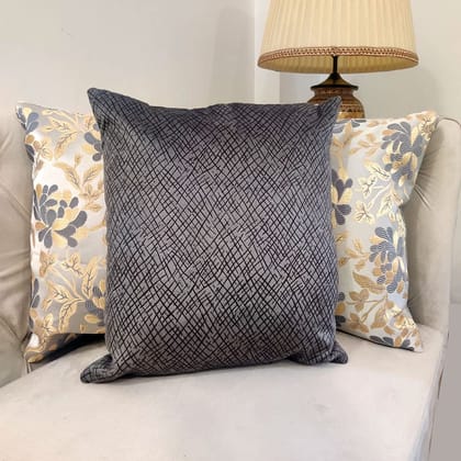 GOODVIBES Grey White Damask / Self Design / Woven Motifs Floral Zipper Square Combo Cushion Covers (16x16 inch or 40 x 40 cm) Set of 3