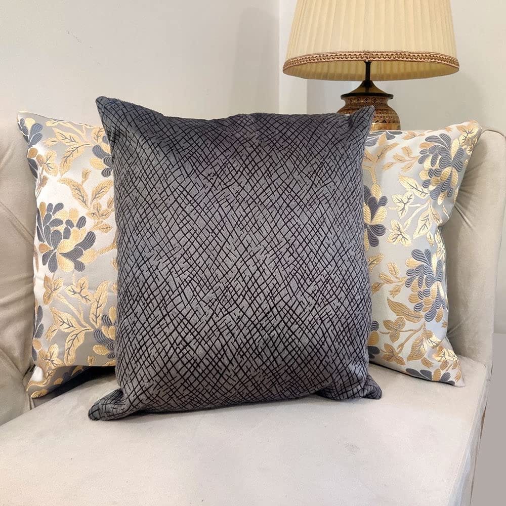 Grey Silver White Damask / Self Design / Woven Floral Motifs Zipper Square Combo Cushion Covers (12x12 inch or 30 x 30 cm) Set of 3