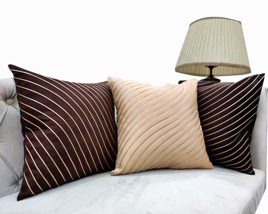 Beige & Brown Striped Set of 3 Ethnic Motifs Embroidered Square Cushion Covers (16x16 inch or 40 x 40 cm)