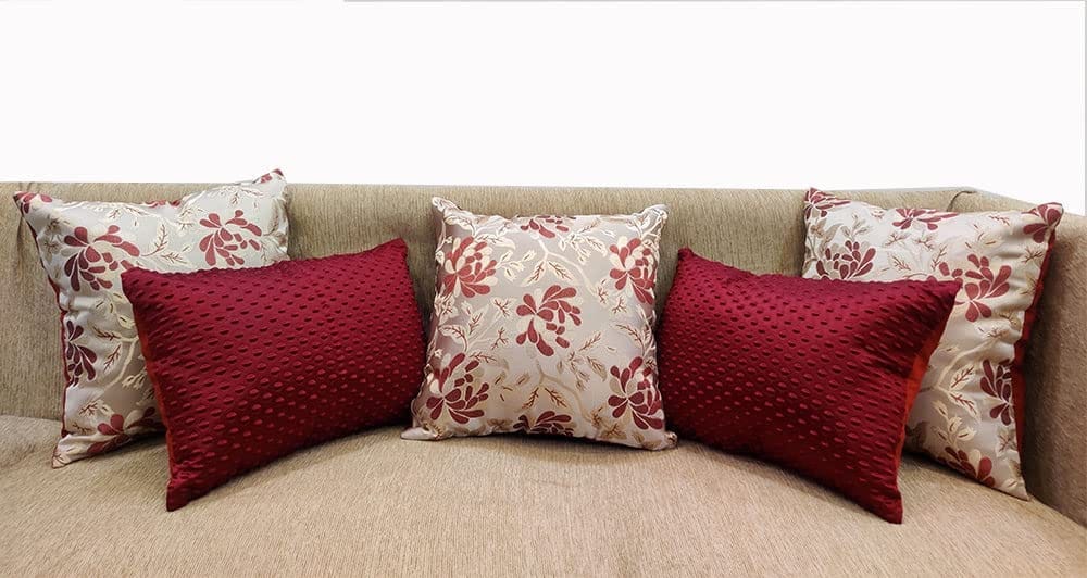 Maroon White Damask / Self Design / Woven Floral Motifs Zipper Square Rectangle Combo Cushion Covers (16x16 inch or 30 x 45 cm) Set of 5