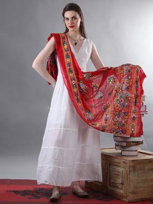 Flame-Red Printed Dupatta from Kutch with Hand-Embroidered Floral and Mirrors Flame-Red Printed Dupatta from Kutch with Hand-Embroidered Floral and Mirrors