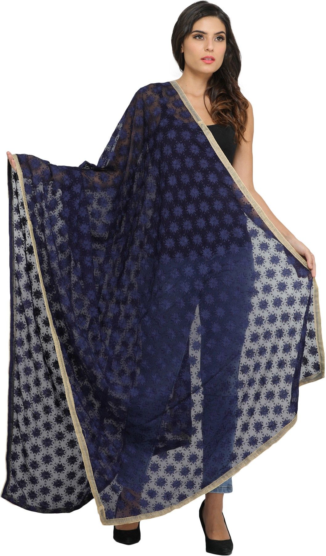 Patriot-Blue Phulkari Extra-Wide Dupatta from Punjab with Embroidered Bootis in Self-color Thread