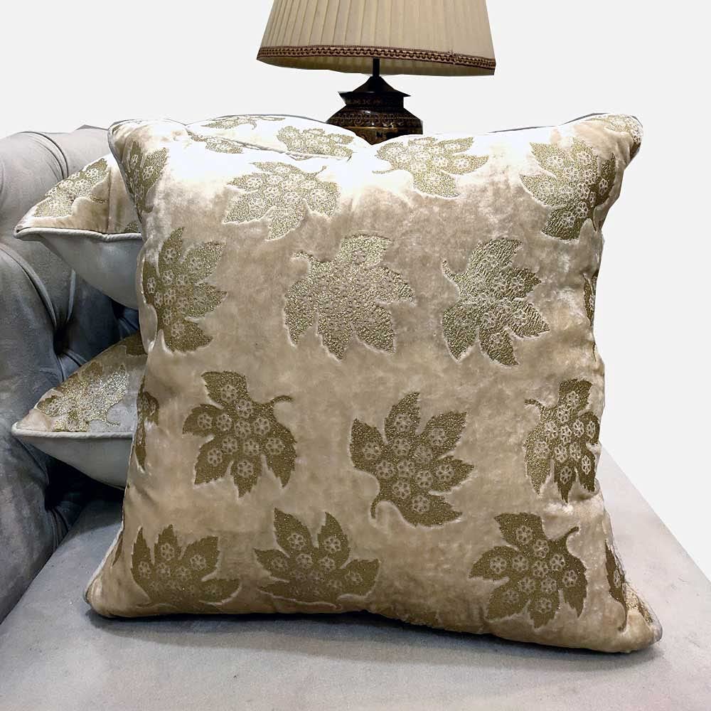 GOODVIBES Cream Ivory Cushion Cover with Leaf Zari Embroidered Stitched Zippered Velvet Cushion Cover (Off White ) | 24X24 Inches | 60cm * 60 cm I Set of 3|