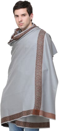 Gray Plain Men's Shawl with Brown Woven Border Gray Plain Men's Shawl with Brown Woven Border