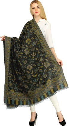 Black and Moss Reversible Jamawar Shawl with Woven Paisleys