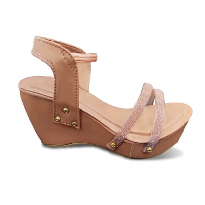 Peach Pink Embellished Shimmer Synthetic Comfortable and Stylish Block Wedding Heels Slip On | for Casual Wear, Party and Formal Wear Occasions 3 Inches Heel | for Women & Girls