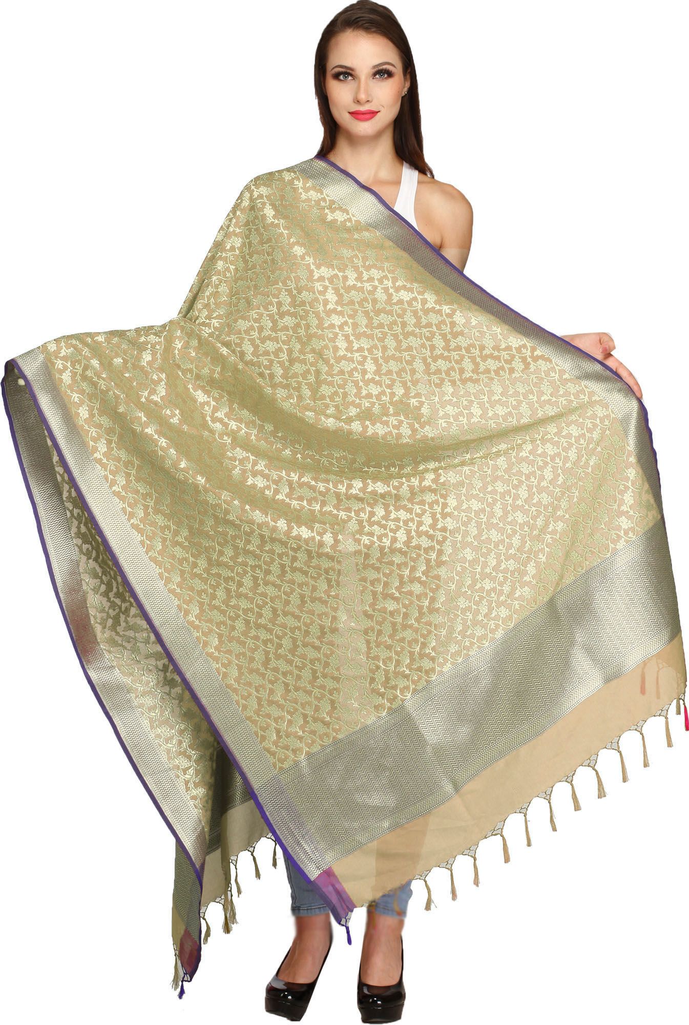 Marzipan Banarasi Brocaded Zari Thread Dupatta with Floral Weave