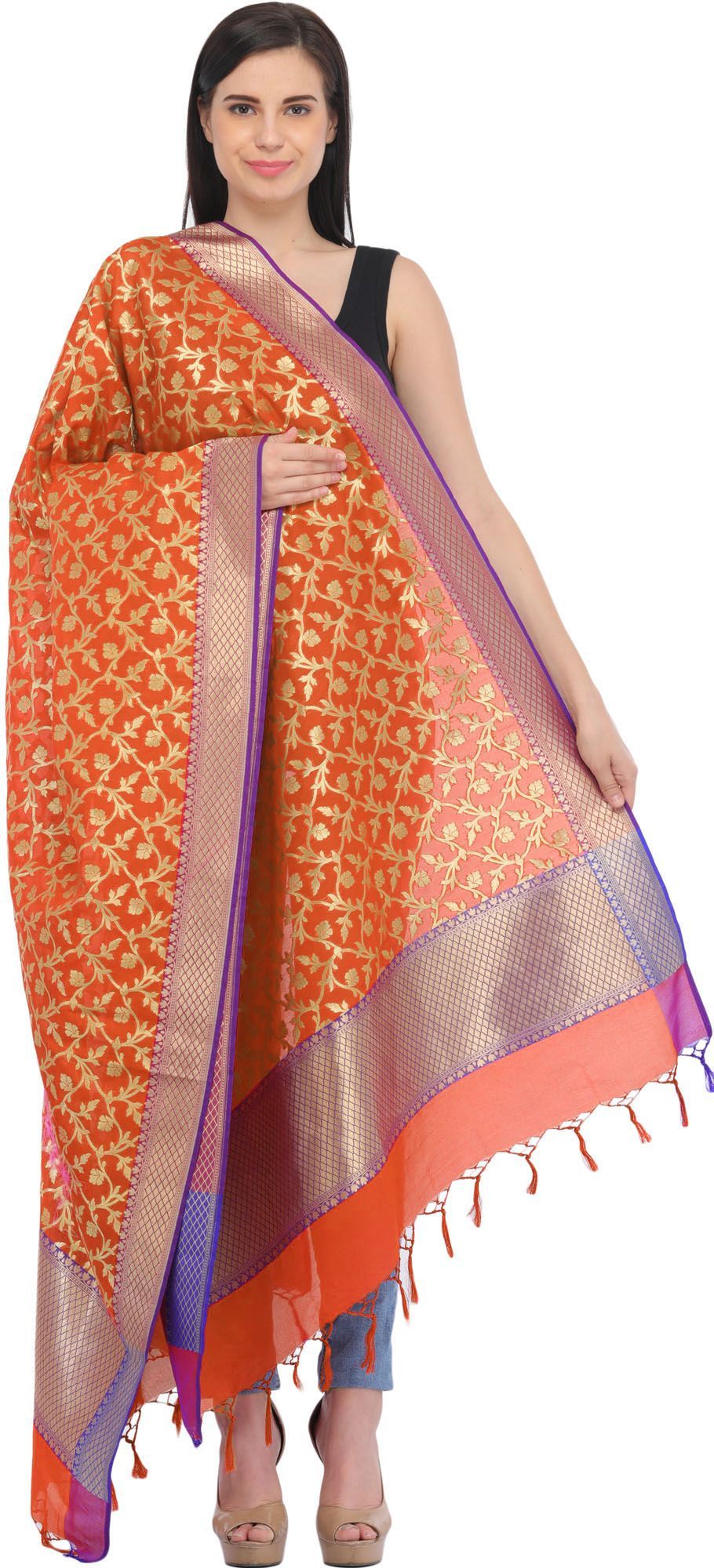 Mandarin-Orange Banarasi Brocaded Zari Thread Dupatta with Floral Weave