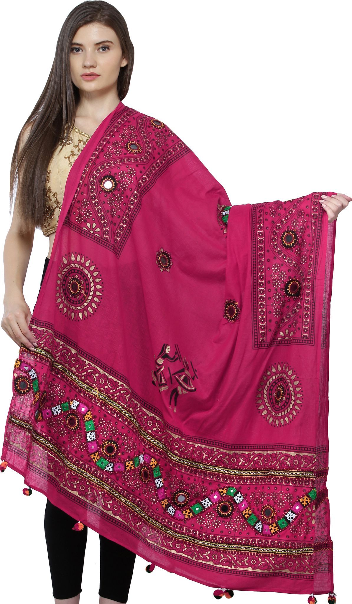 Fuchsia Printed Dupatta from Kutch with Hand-Embroidered Florals and Mirrors