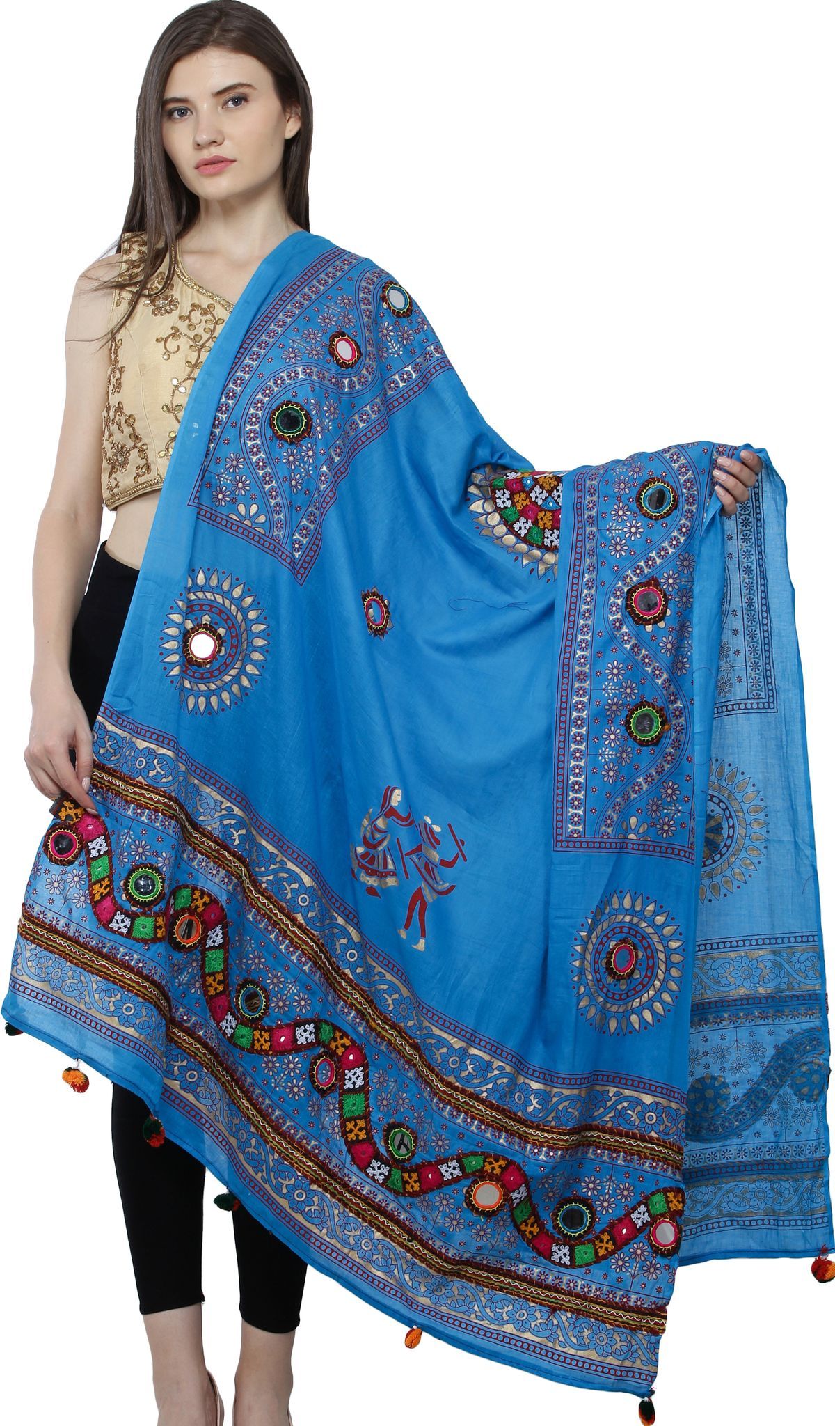 Blue-Jewel Printed Dupatta from Kutch with Hand-Embroidered Florals and Mirrors