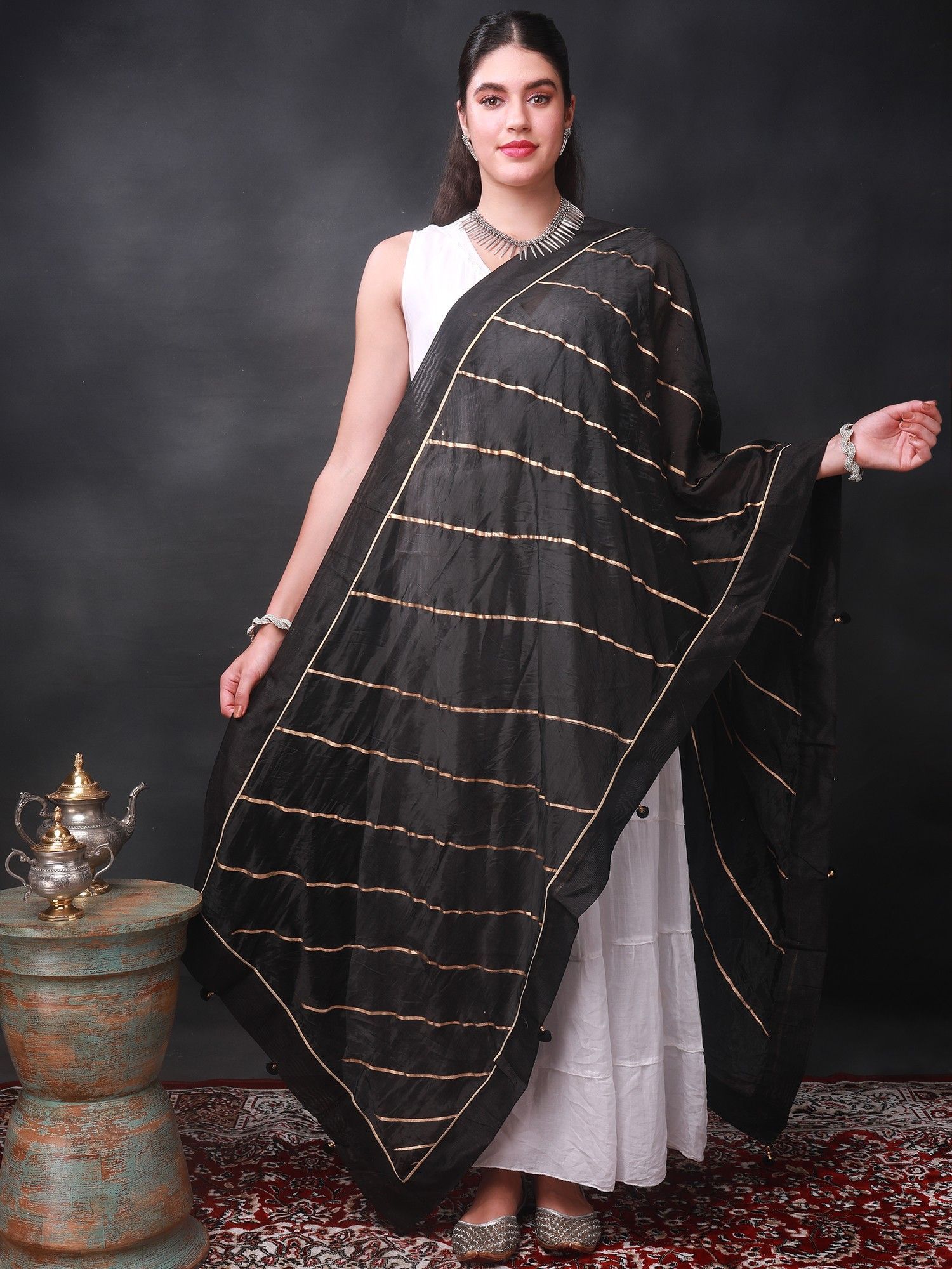 Caviar-Black Gota Dupatta from Amritsar with Patch Border and Pom-Poms