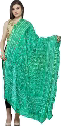 Golf-Green Bandhani Tie-Dye Gharchola Dupatta from Jodhpur with Golden Thread Weave