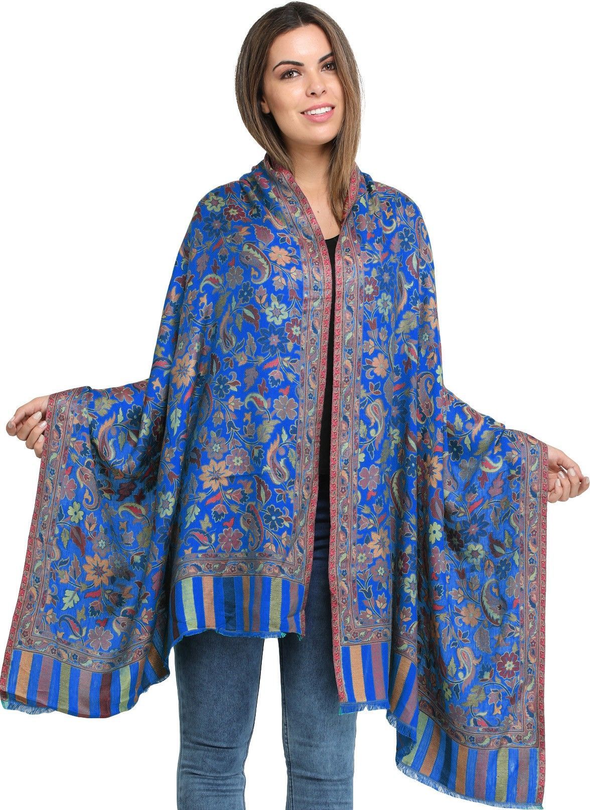 Dazzling-Blue Kani Jamawar Stole with Woven Flowers and Paiselys in Multi-Color Thread