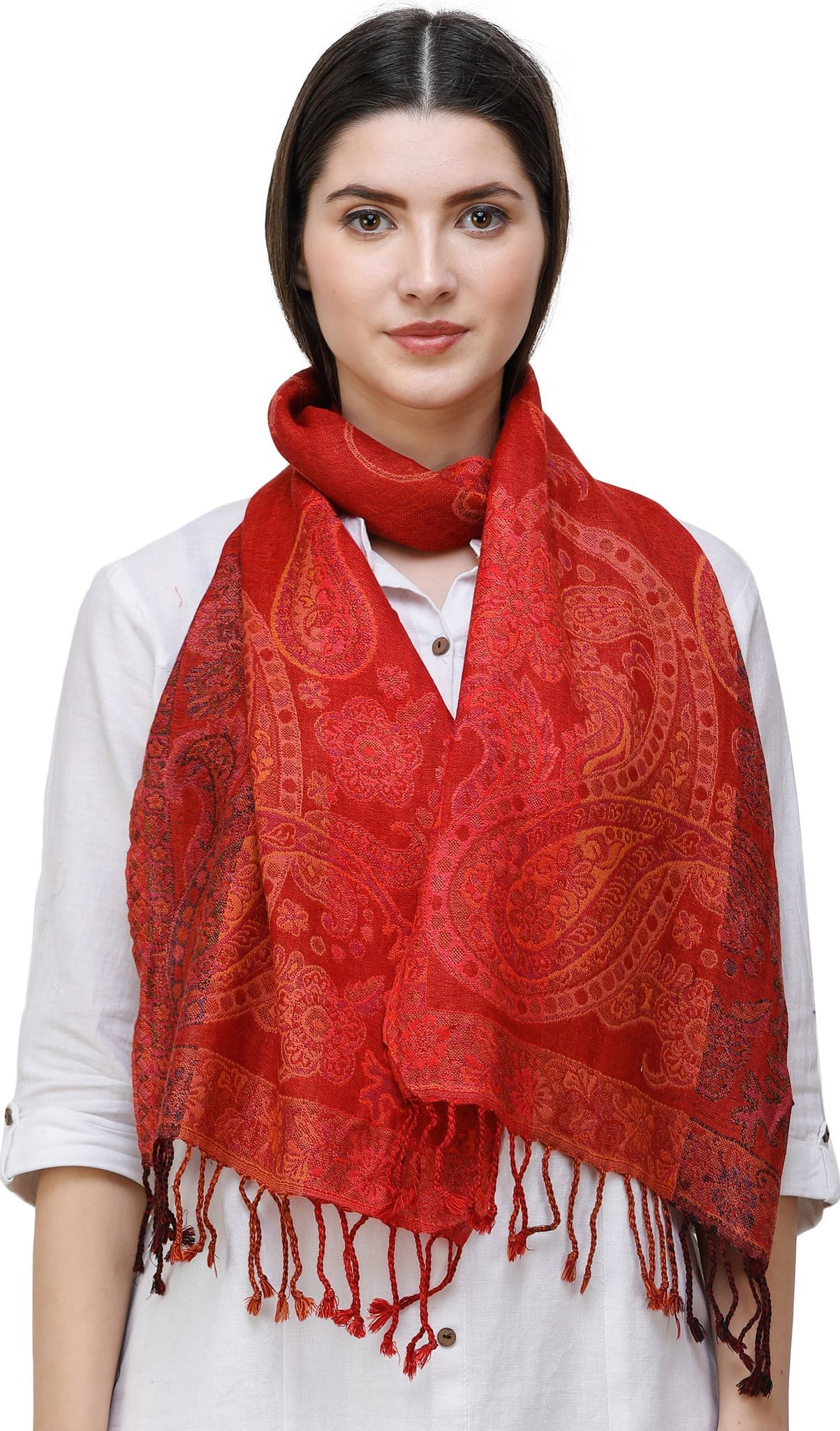 Tomato Reversible Jamawar Scarf from Amritsar with Woven Paisleys