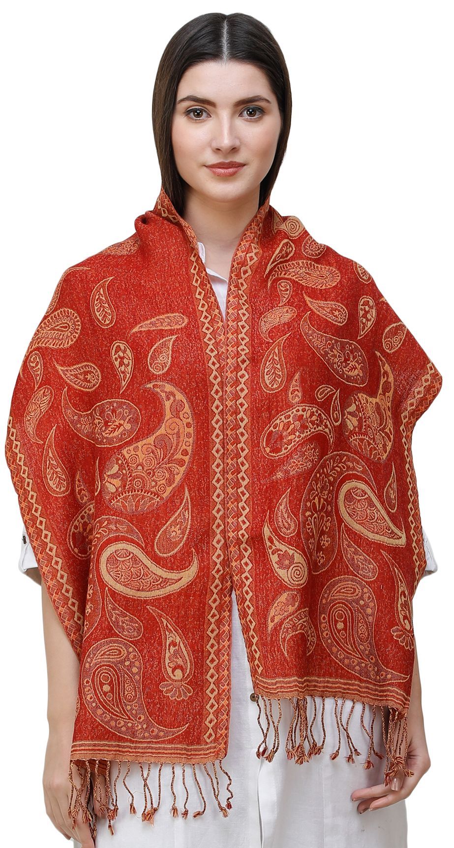 Tandori-Spice Reversible Jamawar Scarf from Amritsar with Woven Paisleys