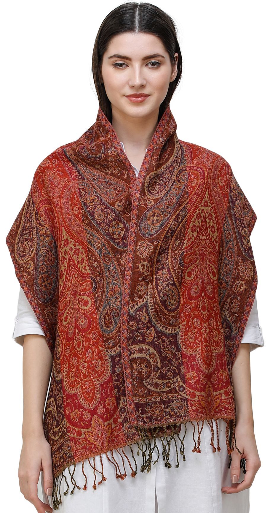 Cayenne Reversible Jamawar Scarf from Amritsar with Woven Paisleys