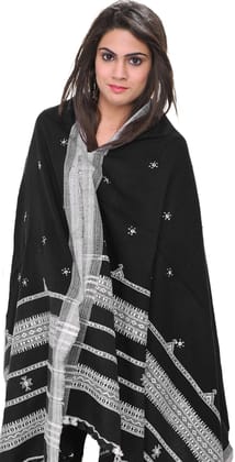 Jet-Black Shawl from Kutch with Embroidered Flowers and Mirrors Jet-Black Shawl from Kutch with Embroidered Flowers and Mirrors
