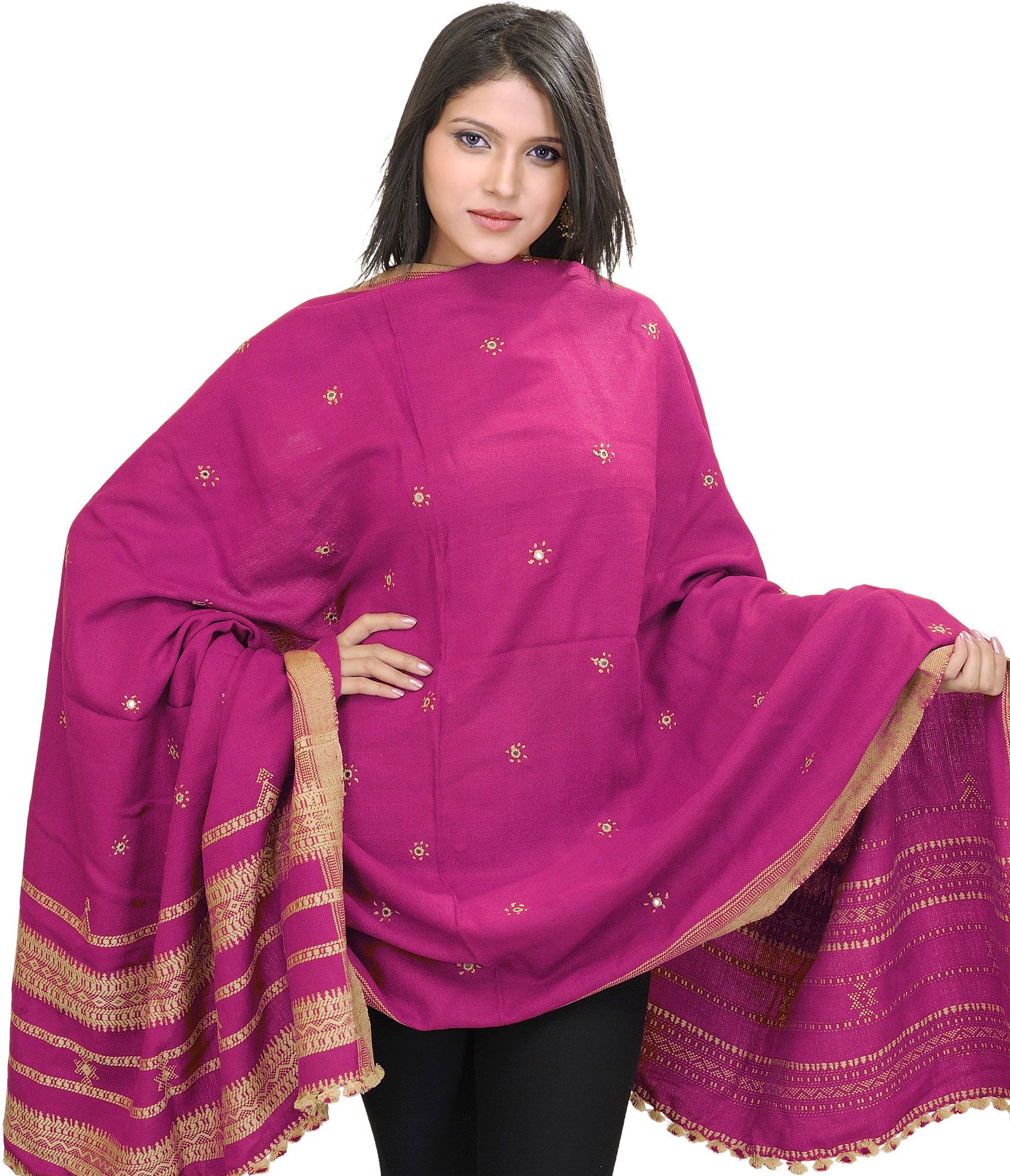 Cactus-Flower Shawl from Kutch with Embroidered Flowers and Mirrors