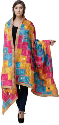 Flambe And Cyan Phulkari Dupatta from Punjab with Embroidery All-Over and Mirrors Flambe And Cyan Phulkari Dupatta from Punjab with Embroidery All-Over and Mirrors