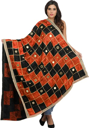 Black and Orange Phulkari Dupatta from Punjab with Embroidery All-Over and Mirrors Black and Orange Phulkari Dupatta from Punjab with Embroidery All-Over and Mirrors