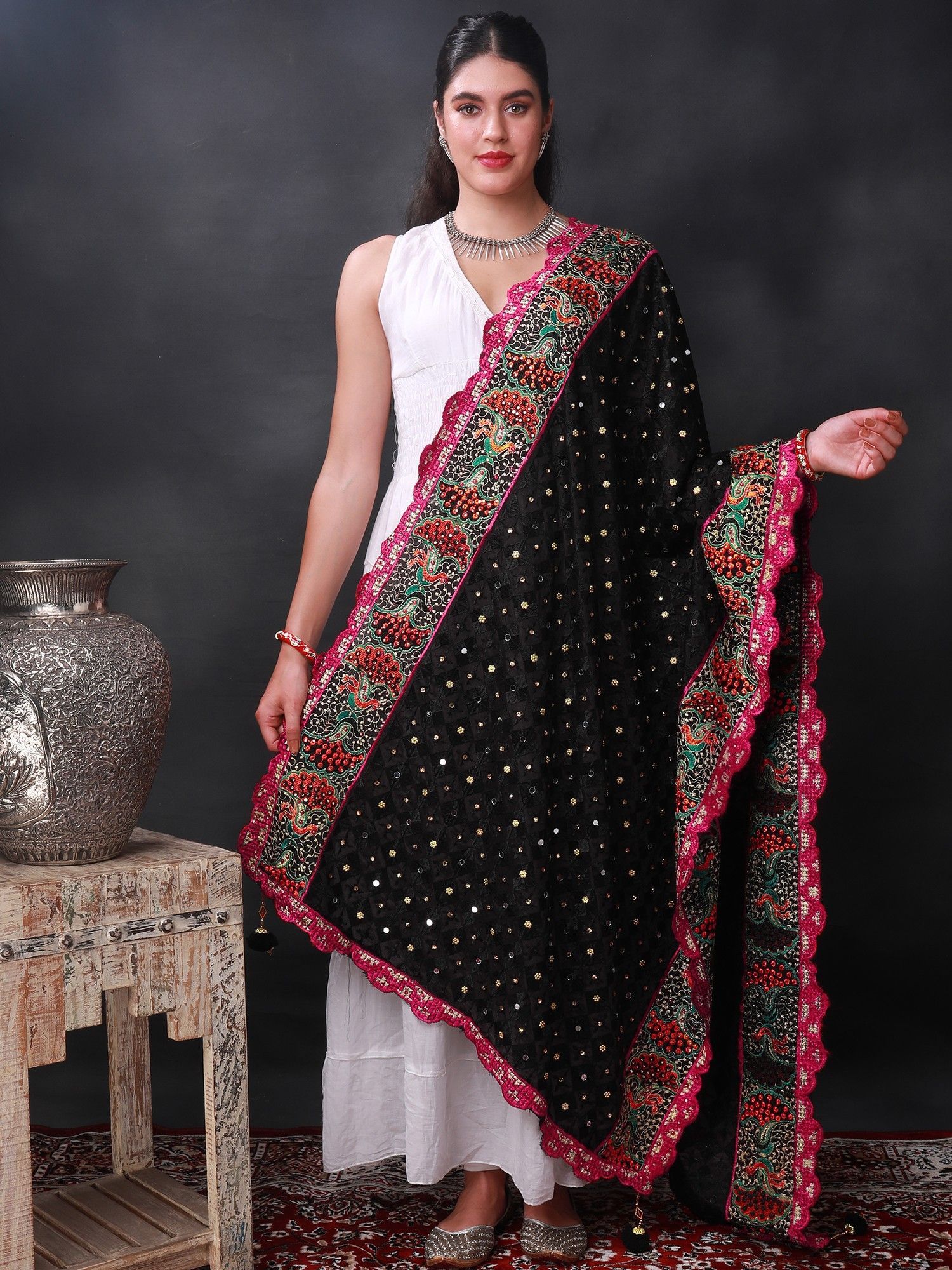 Black Phulkari Dupatta from Punjab with Multicolor Pair Of Peacock Embroidered Motif and Bead-Mirror Work