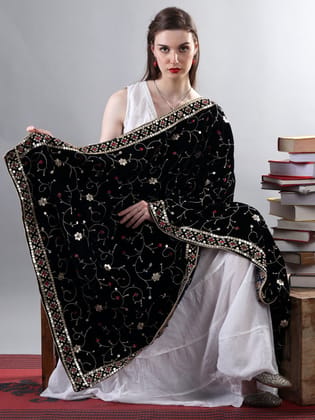 Navy-Blue Zari Embroidered Bail With Sequinned Flowers and Multicolour Thread Kite On Velvet Dupatta From Amritsar Navy-Blue Zari Embroidered Bail With Sequinned Flowers and Multicolour Thread Kite On Velvet Dupatta From Amritsar
