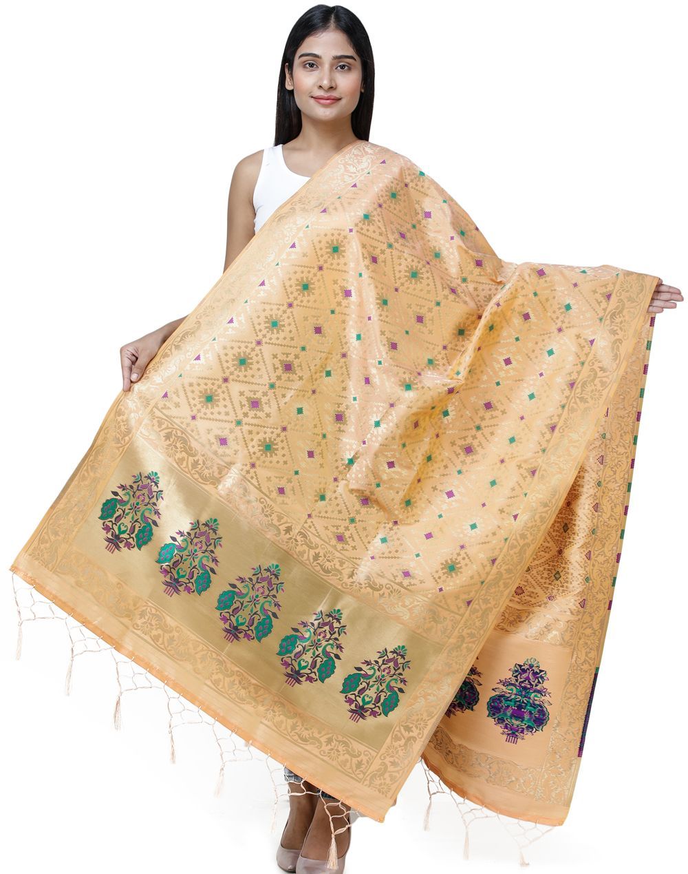Peach Brocade Dupatta from Gujarat with Birds and Geometric Motifs All-Over